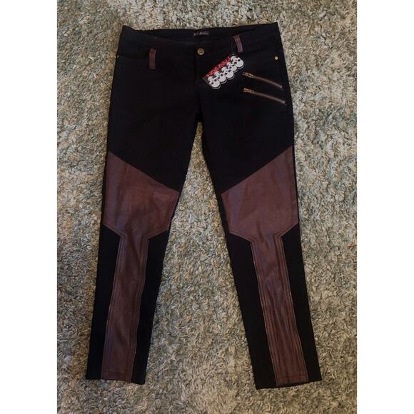 NWT Devil Fashion Stretch Jeans 3XL Low Rise Black Brown Suede Patch Zipper - Picture 1 of 5